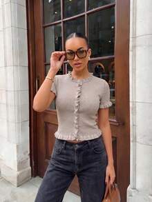 Women's Minimalist Elegant Chic Knit Top, Spring/Summer - Brown - View 2