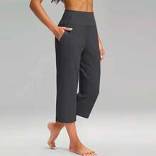 Pantalones elásticos de cintura alta 3/4 para mujer, pantalones capri informales de ajuste activo, pantalones con bolsillos, pantalones deportivos informales de color sólido - Gris Oscuro - Ver 4