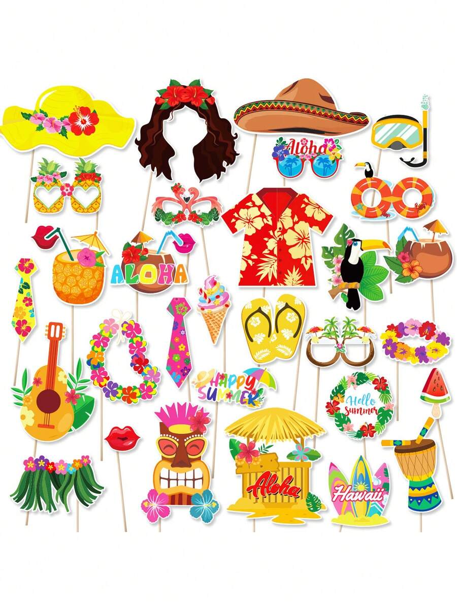 30pcs Hawaii Party Photo Booth Props, Paper Photography Prop, Hawaiian Tropical Theme For Birthday, Summer Beach Pool Decor, Party Favors, And Wild Animal Forest Theme Party Decorations - Hawaiian Photo Props - View 1