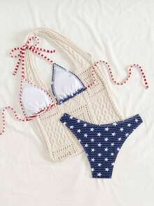 Swim Mod 2pcs/Set Women's Beach Summer Vacation USA Flag Print Halter Backless Top And Side Strap Swim Bottom 4th Of July Bikini Set - Nhiều màu 2 - Xem 8