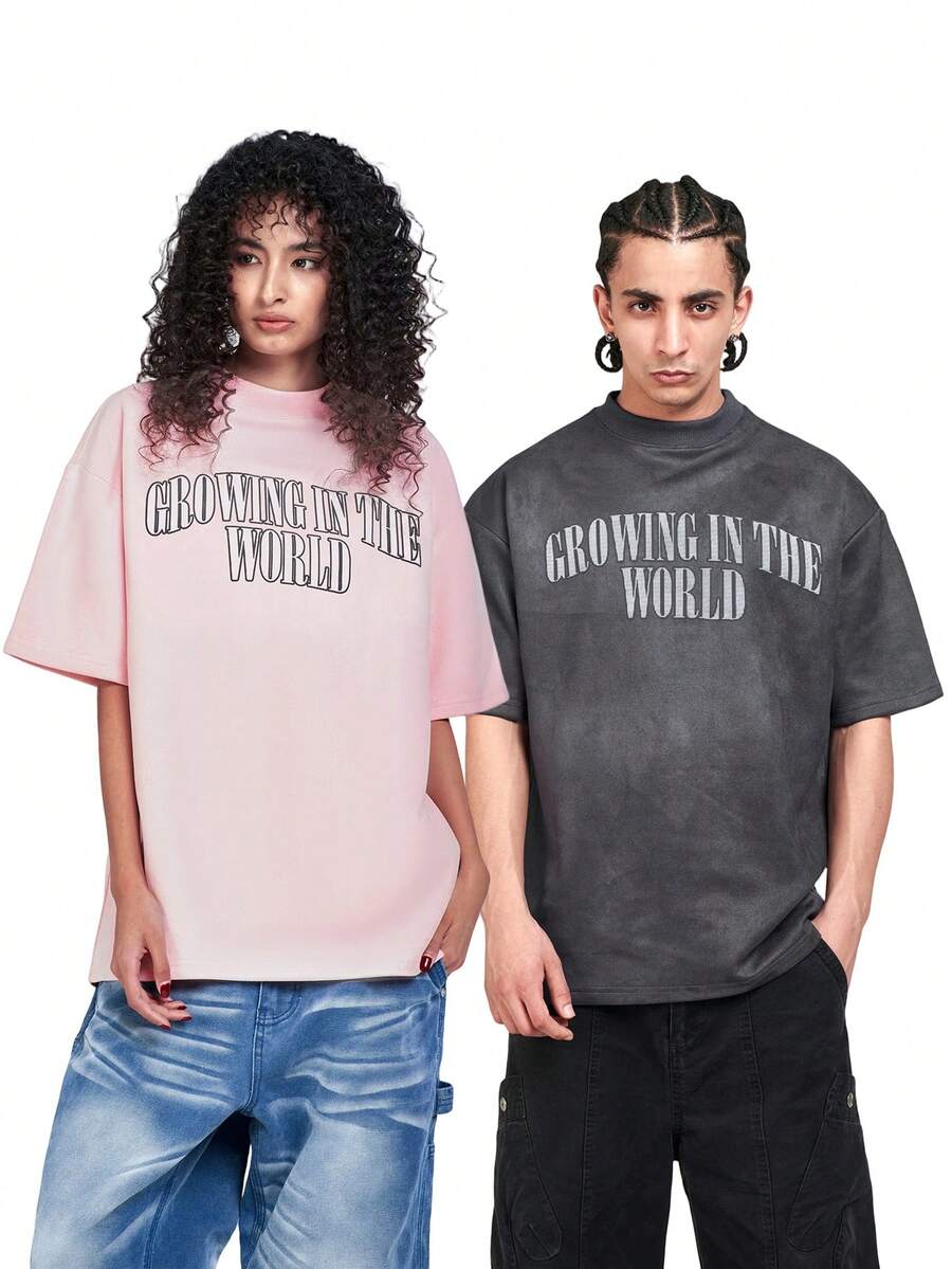 MT99 Heavyweight Versatile Suede Embroidered Short Sleeve Street Casual Chic - Baby Pink - View 1