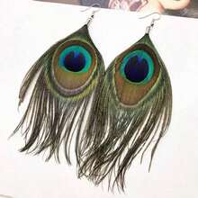 1pair Bohemian Style Peacock Feather Earrings, Exaggerated Vintage Handmade Ear Jewelry - Bạc - Xem 9