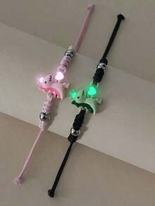 ATLVXJL 2pcs/Set Glow-In--Dark Friendship/Couple Bracelets With Heart, Crown, Dinosaur Bead Decor, Suitable Daily Wear And Holiday - Multicolor - View 4