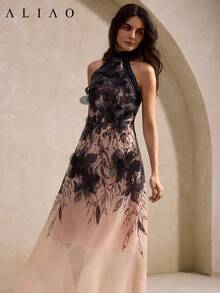 女士优雅精致3D立体花卉吊带连衣裙，印花无袖A字裙，适合春夏婚礼、派对、日常聚会、度假等场合 - 彩色 - 查看 5