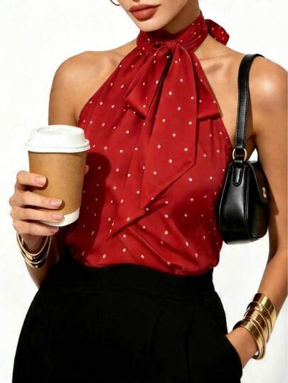 Women's Polka Dot Halter Neck Crop Top Blouse, Backless Tie Bow Sleeveless Top, Satin Silky Party  Workwear Camisole, Vintage 90s Aesthetic Going Out Top