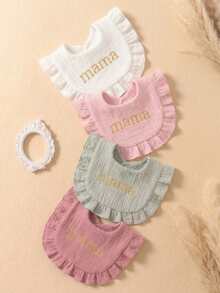 4pcs Girls' Summer Candy Color Pure Cotton Embroidered Bibs, Soft & Skin-Friendly Ruched Baby Drool Cloths, Mother's Day Gift, Suitable For Daily Use - Multicolor - View 5