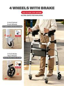 Andador con apoyo para el antebrazo con asiento y frenos, ruedas giratorias de 360°, altura ajustable, ayuda para la movilidad plegable y ligera de aleación de aluminio para personas mayores y ancianos, asistencia para caminar portátil, montaje sin herramientas - Modelo de gama alta (con frenos y asiento de cuero) - Ver 7