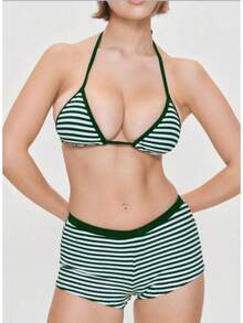 Fashionable And Fresh Multi-Color Striped Halter Neck Tie-String Bikini Set With Square-Cut Bottoms - Blue - View 9