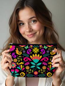 1 pieza Bolsa de maquillaje con patrón de flor de dalia mexicana, bolsa cosmética plegable de gran capacidad y peso ligero, multifuncional, duradera y con cremallera, adecuada para uso diario y viajes, regalo compacto y elegante - Multicolor - Ver 12