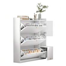 Versatile Tilting Shoe Cabinet With 3 Fold-Down Drawers, Storage Entryway Organizer With Drawer, Freestanding Shoe Rack With Fold-Down Bench For The Hallway, White, 119*24*122 - White - View 4