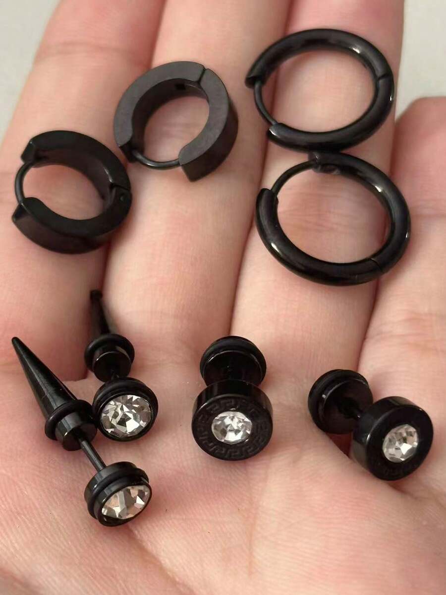 4对不锈钢黑色圈形耳环，男女通用耳环套装 - 4 對不鏽鋼黑色耳環套裝 - 查看 1