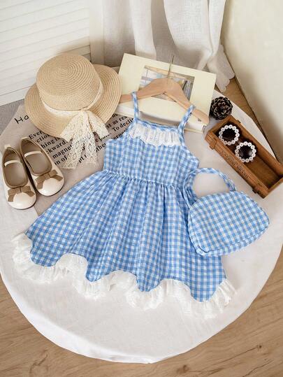 Young Girl' Sweet Classic Blue & White Plaid Dress With Lace Trim, A-Line Silhouette, Adjustable Straps, Suitable For Afternoon Tea Party, Wedding Flower Girl, Gentle & Fresh
