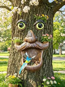 1 pieza Alimentador de pájaros con forma de árbol y maceta, decoración exterior de árbol interesante con ojos grandes y bigote, adecuado para colgar en el patio, jardín, terraza o patio trasero como alimentador de pájaros, decoración de resina impermeable, arte de patio único, excelente para observación de aves y amantes de la naturaleza, adecuado para decoración exterior de primavera/verano, puede atraer gorriones y otros pájaros pequeños - A - Ver 1