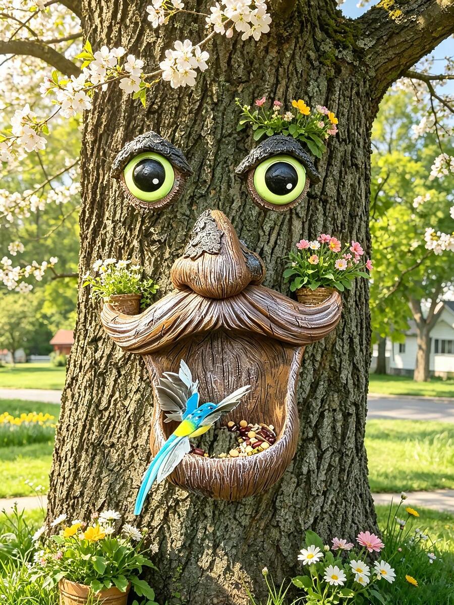 1 pieza Alimentador de pájaros con forma de árbol y maceta, decoración exterior de árbol interesante con ojos grandes y bigote, adecuado para colgar en el patio, jardín, terraza o patio trasero como alimentador de pájaros, decoración de resina impermeable, arte de patio único, excelente para observación de aves y amantes de la naturaleza, adecuado para decoración exterior de primavera/verano, puede atraer gorriones y otros pájaros pequeños - A - Ver 1