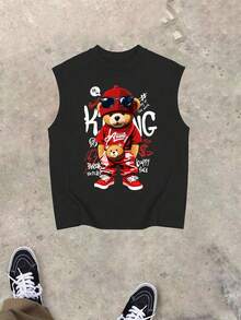 Bộ đồ 2 mảnh thoải mái cho bé trai tuổi teen, gồm áo tank top không tay cổ tròn và quần cargo, thích hợp cho mùa xuân/hè. - màu đen - Xem 2