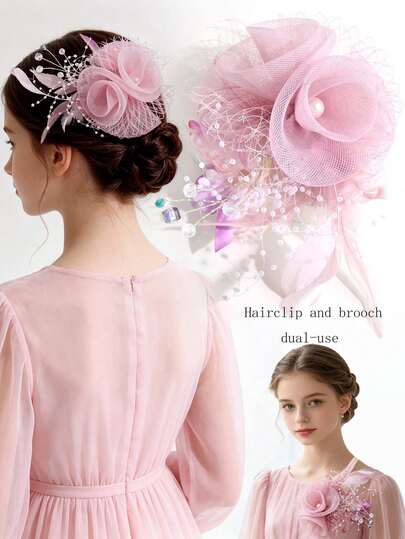 1pc Girl's Pink Pearl Crystal Feather Flower Brooch Hair Clip, Suitable For Wedding, Holiday Party Dress Matching