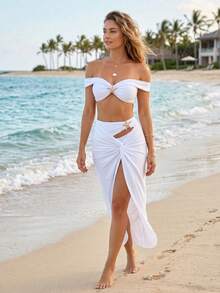 2026 New White Bikini Set For Women - Three Piece Swimsuit, Off Shoulder Bandeau Top, High Waisted Bottom, Sarong Cover Up; Starfish Detail, Summer Beach Swimwear - 白色 - 查看 3