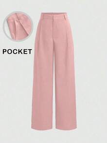 Pantalones de diseño minimalista Vela Rue con cierre de gancho y cremallera, pantalones anchos de pierna semi transparentes y ligeros de color azul sólido, pantalones anchos de pierna de moda para todas las estaciones de primavera - Rosa - Ver 7