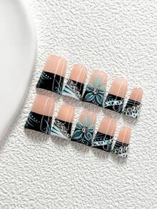 10Pcs Cool Edgy Style Handmade Nail Art Set,Unghie Press On,Sparkling Diamond Nail Art Accessories,Hand Pinched Five Petal Flower Nail Art Decorations,Blue And Black Nail Polish,Refined Style,Comes With Nail Tools(1 Sheets Jelly Stickers+1PC Nail File)3 Sizes Available,Almond Nails, Duck Nails,Coffin Nails,Suitable For Reunion,Daily,Party,Photograph,Play,Spring Summer,Commute Supplies Nails - 彩色 - 查看 2