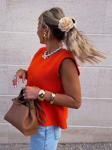 Áo len dệt kim không tay xếp nếp thời trang, kiểu dáng vừa vặn, áo tank top cổ tròn bằng cotton gân màu cam, trang phục nghỉ dưỡng dễ thương và thẩm mỹ. - trái cam - Xem 5