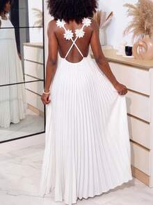 女士优雅吊带3D立体花卉装饰褶皱吊带连衣裙，派对鸡尾酒会礼服，夏日连衣裙，沙滩度假装 - 白色 - 查看 5