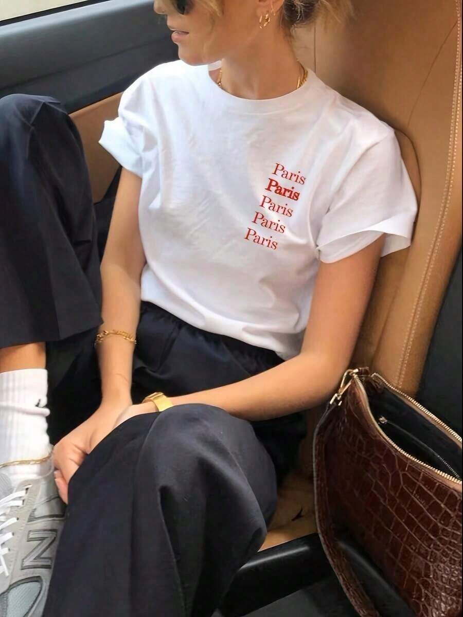 Soft And Simple Short-Sleeved T-Shirt For Women, New Summer 2026 Collection, American Minimalist Design, Fitted White T-Shirt With Letter Print, Casual Summer Short-Sleeved Top For Women, Sizes: S–7XL | Ships In 24 Hours. Letter Print T-Shirt, Soft And Comfortable For Casual Everyday Wear. - 白色 - 查看 1