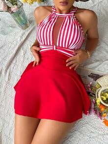 Swim Lushoire Vestido de baño casual de verano con estampado de rayas, volantes en el bajo y escote halter para vacaciones - Rojo y blanco - Ver 1