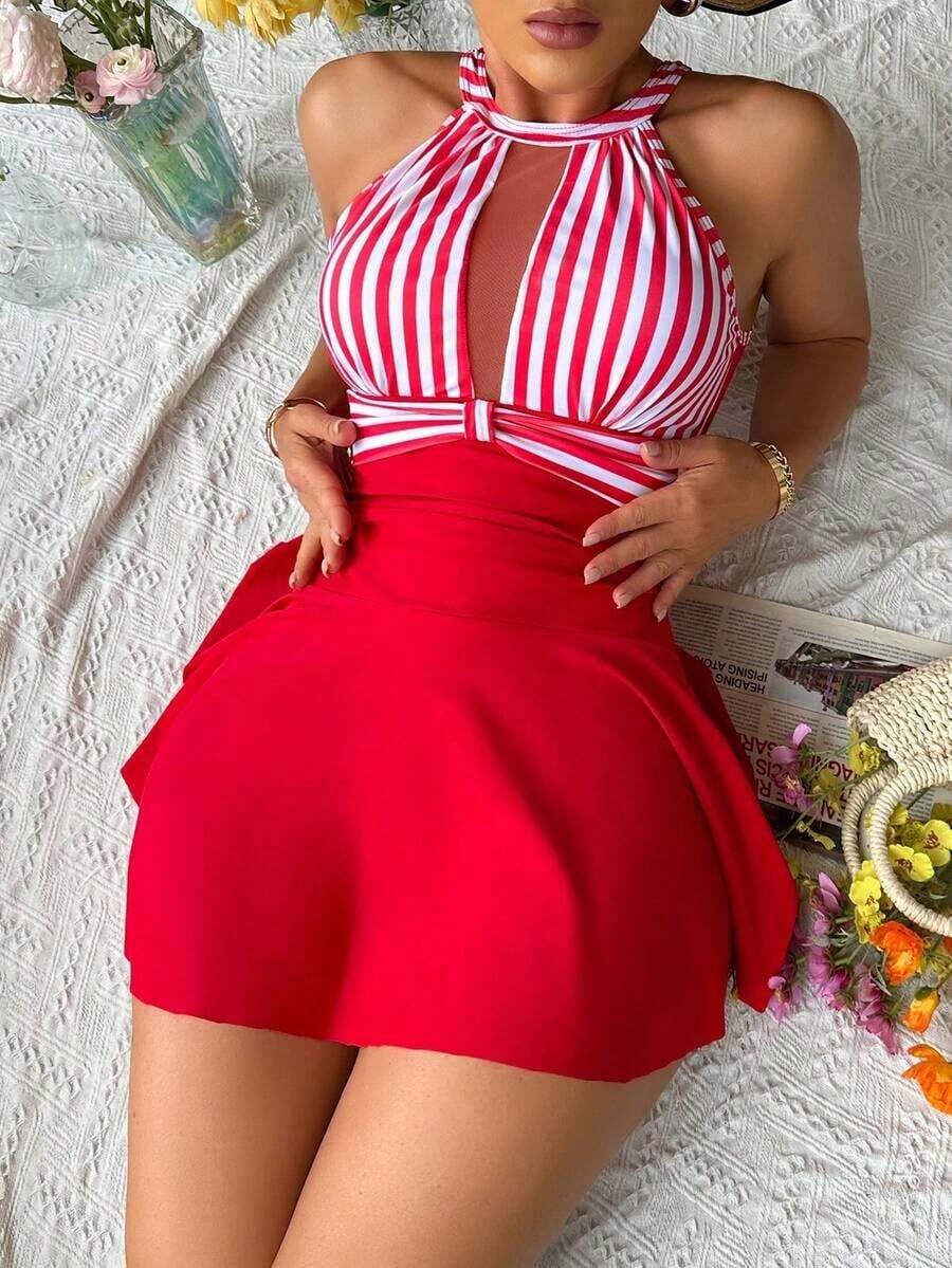 Swim Lushoire Vestido de baño casual de verano con estampado de rayas, volantes en el bajo y escote halter para vacaciones - Rojo y blanco - Ver 1