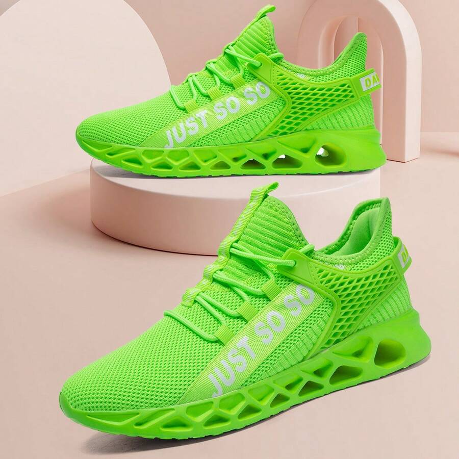 Women's Blade Sole Letter Print Sneakers, Breathable Lightweight Streetwear Running Shoes - Fluorescent Green - View 1