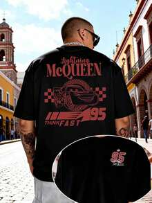 Disney's "Cars" Lightning McQueen Men's Pure Cotton T-Shirt, Round Neck Short Sleeved Casual Shirt, Loose Fit, Comfortable, Soft And Breathable, Suitable For Daily Wear, Going Out, Taking Public Transportation And Gathering Occasions. - Black - View 1