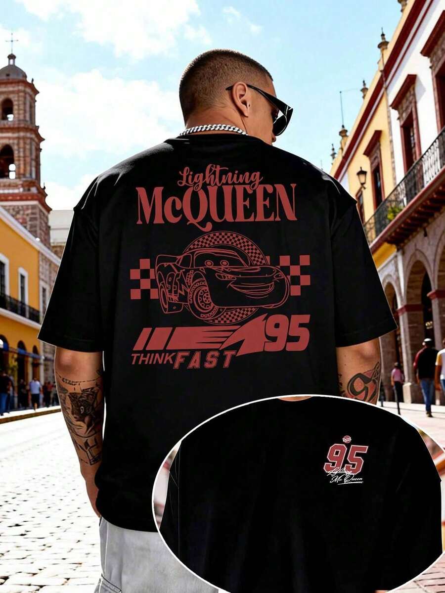 Disney's "Cars" Lightning McQueen Men's Pure Cotton T-Shirt, Round Neck Short Sleeved Casual Shirt, Loose Fit, Comfortable, Soft And Breathable, Suitable For Daily Wear, Going Out, Taking Public Transportation And Gathering Occasions. - Black - View 1