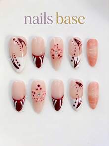 NAILS BASE 10件/組 粉色杏仁形長款法式漸層漸變假指甲，附玫瑰紅花朵，杏仁形甲片，適合辦公場合的中性華麗風，日式手工 P - 彩色 - 查看 9