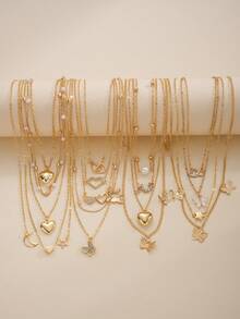 11/5pcs Set Of Fashionable, Elegant, Glamorous Y2K-Style Heart, Star, Moon, Butterfly & Faux Pearl Necklaces, Versatile Combination For Women, Suitable For Vacation, Party, Date, Travel, Photo Shoot, Beach, Daily Wear - Yellow Gold - View 7