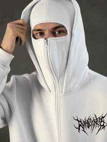 Balaklava, A Must-Have Item For Social Anxiety Sufferers. A Face-Covering Style, Loose Large-Sized And Long Double-Layered Hooded Zipper-Style Pullover Hoodie And Hooded Sweater. Suitable For Men's Autumn/Winter Clothing, Halloween Costumes, Christmas Costumes, Men's Outerwear, Fashionable Style, Men's Hooded Sweater. - 白色 - 查看 5