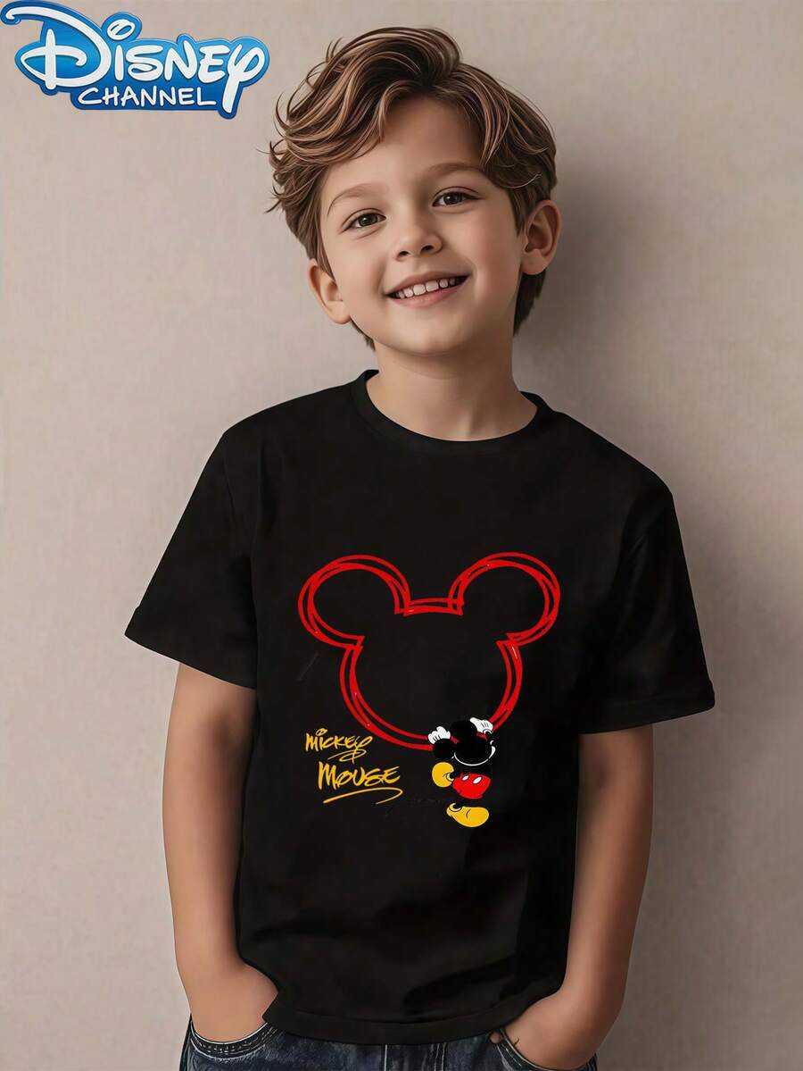 Disney 1pc Teen Boys Casual Red Outline Mickey Mouse With Silhouette Print Short Sleeve Tshirt Boys Clothes Kids Clothes Boys Shirts Summer - Black - View 1