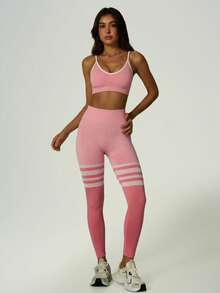 UONNOU Seamless Striped Sports Leggings, Butt Lifting Compression Workout Pants - Pink - View 9