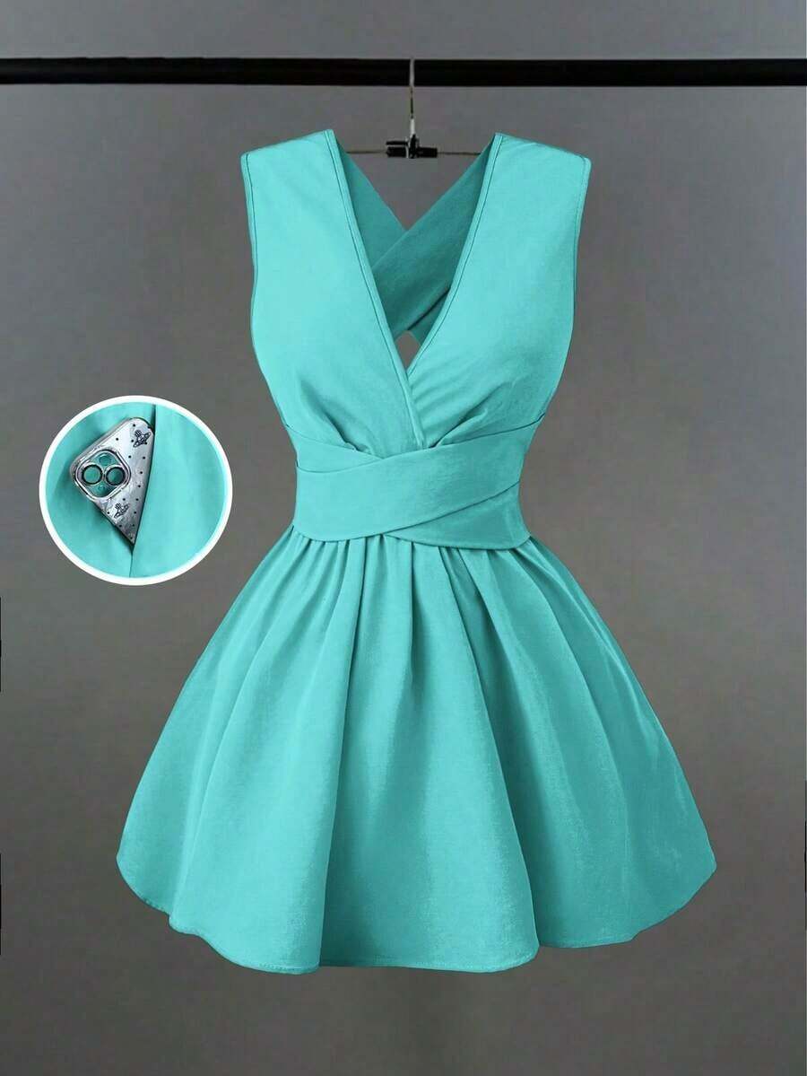 Vestido mini elegante y sexy para invitada de boda con cuello en V cruzado, sin mangas y silueta evasé, diseño versátil para conciertos, playa, fiestas, primavera/verano, con bolsillos, vestido de noche con espalda descubierta, color amarillo mantequilla - verde menta - Ver 1