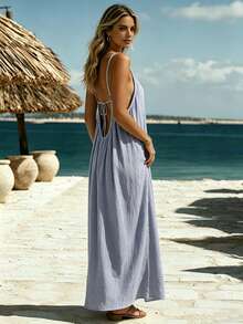 Vestido casual de mujer de unicolor, de tela tejida, con espalda descubierta y lazo, para playa y vacaciones de verano - Lila Púrpura - Ver 5