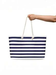 [Embroidered] Customized Navy Blue And White Striped Beach Tote Bag, Large Women's Canvas Rope Handle Shoulder Bag, Essential For Summer Beach Travel - Multicolor - View 7