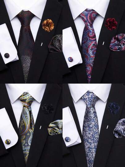 AlanKing Bộ 4 món họa tiết Paisley gồm cà vạt, khăn cài túi áo, khuy măng sét và hoa cài áo chú rể, phụ kiện vest công sở và đám cưới dành cho nam giới.