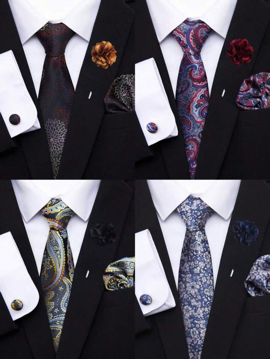 4件套佩斯利花纹领带、口袋巾、袖扣和胸花，男士商务婚礼西装配饰 - 混色 - 查看 1