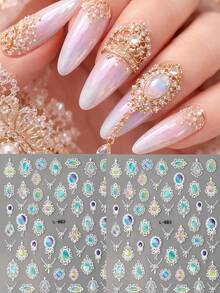 2pcs Vintage Gemstone Pattern Nail Stickers, Includes Retro Heart Shape And Oval Totem Designs, 3D Self-Adhesive Nail Art Decals, Vibrant Colors, Suitable For Personal And Nail Salon Use - Multicolor - View 2