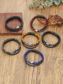 1pc Retro Cross Decor Men's Layered Beaded & PU Leather Bracelet, Natural Stone Beaded Magnetic Clasp Bracelet For Daily Wear & Gift - Multicolor - View 2