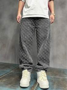 Plus Size Men's Personalized Crochet Denim Jeans - Grey - View 5