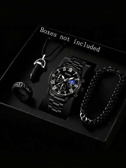 Gaiety, 4pcs Set, Men's Watches, Fashion Business Roman Numeral Men's Watch, Men's Quartz Watch, Alloy Minimalist Retro Elegant Y2K Style Party Dress Holiday Gift Valentine's Day, Suitable For Daily Wear, Gatherings Or Vacations, Business Occasions, Or As A Gift For Boyfriend