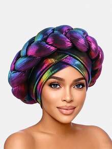 1pc Women's Laser Sponge Braided Turban Hat, African Style Double Cross Cap, Suitable For Daily Use - Multicolor - View 1