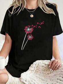 Pink Ribbon Dandelion Breast Cancer Awareness T-Shirt For Men & Women, 100% Cotton Printed Crew Neck Casual Short Sleeve Top, Spring & Summer Apparel - Black - View 1