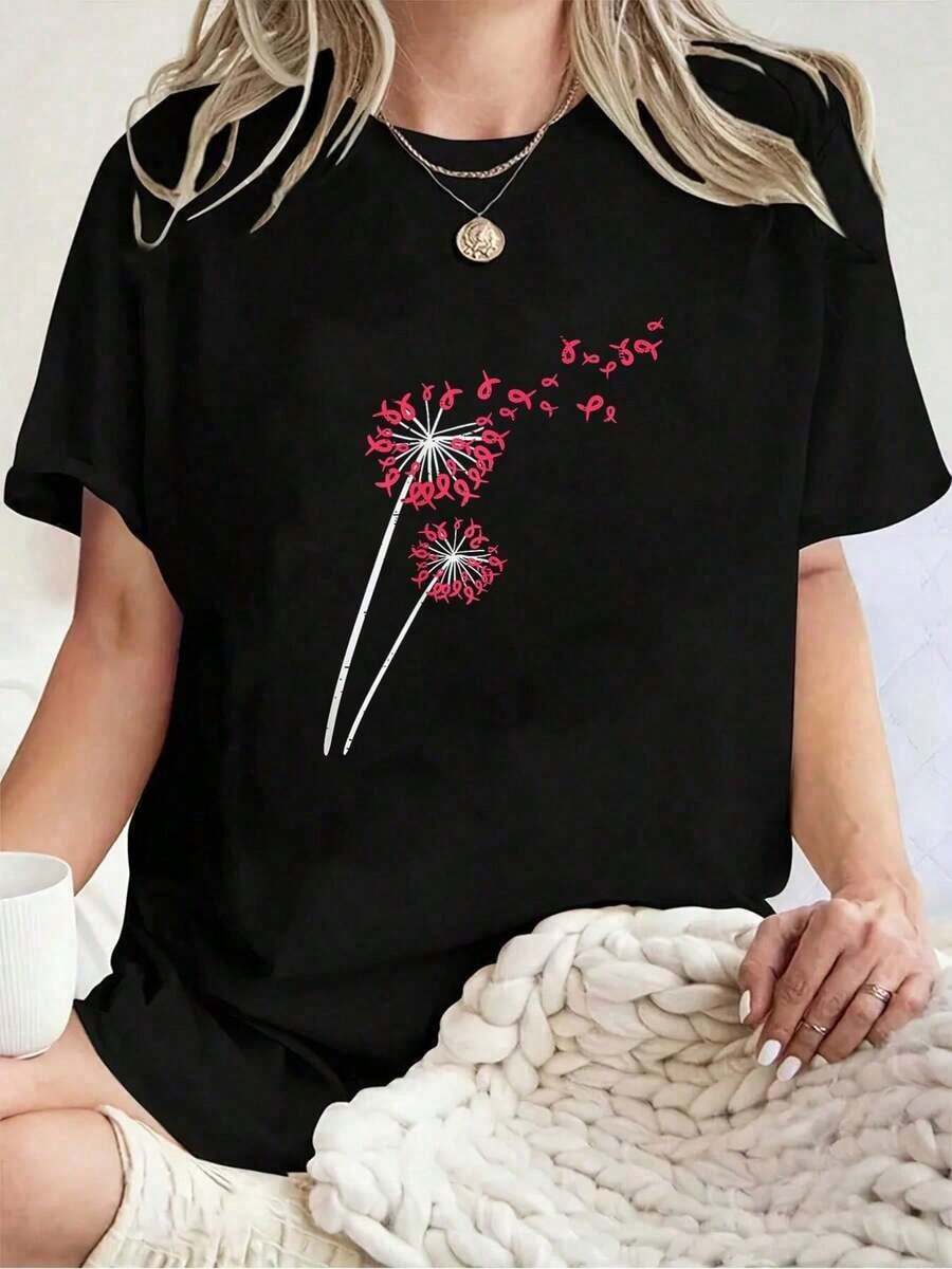 Pink Ribbon Dandelion Breast Cancer Awareness T-Shirt For Men & Women, 100% Cotton Printed Crew Neck Casual Short Sleeve Top, Spring & Summer Apparel - Black - View 1