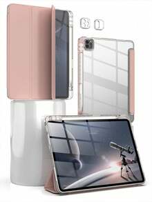 Bao da máy tính bảng gấp ba chống rơi, tương thích với iPad, có khe cắm bút bằng acrylic trong suốt cao cấp, màu hồng. - Hồng - Xem 2