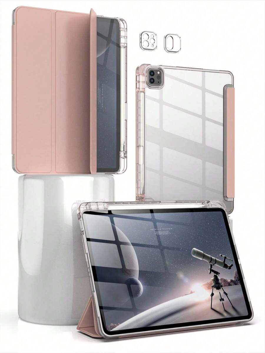 Bao da máy tính bảng gấp ba chống rơi, tương thích với iPad, có khe cắm bút bằng acrylic trong suốt cao cấp, màu hồng.